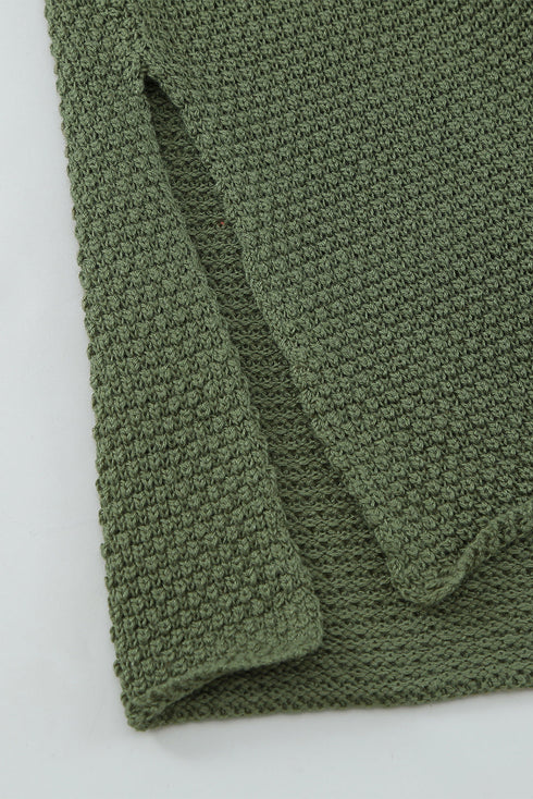 Henley Button Placket Side Slit Drop Shoulder Pullover Knit Sweater
